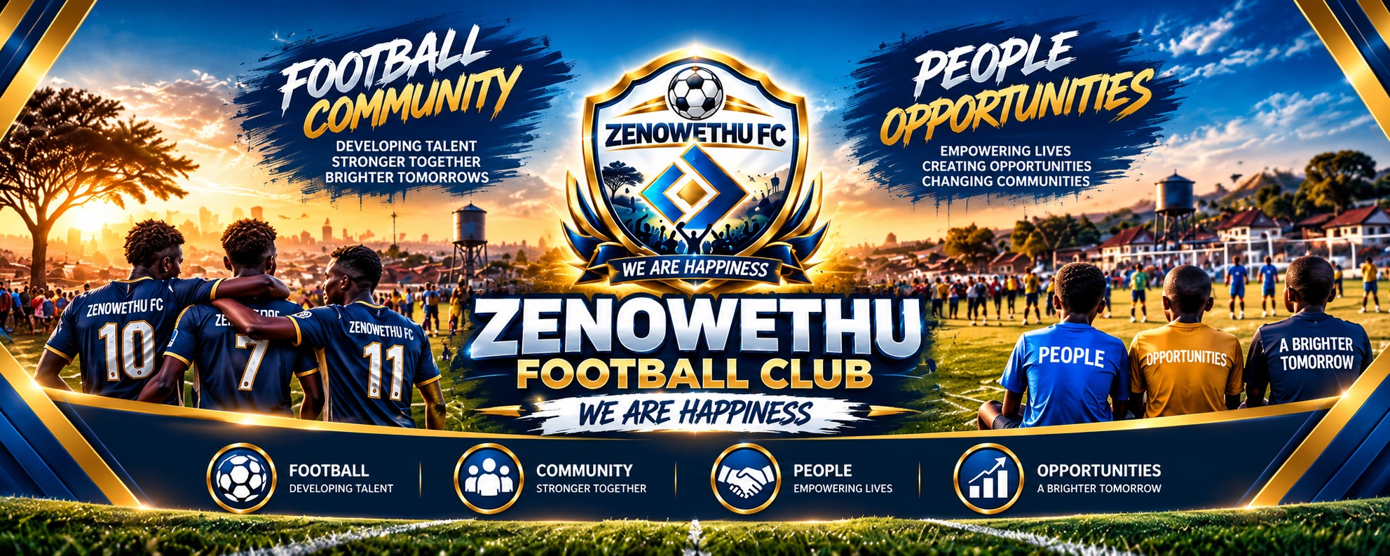 Illustrated Zenowethu community football scene in navy and gold